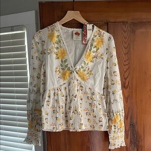 FARM by Anthropologie Rio Yellow and Cream Floral Blouse